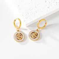 1 Pair Retro Simple Style Circle Dollar Hollow Out Inlay 304 Stainless Steel Artificial Rhinestones 18K Gold Plated Drop Earrings main image 6