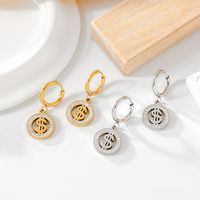 1 Pair Retro Simple Style Circle Dollar Hollow Out Inlay 304 Stainless Steel Artificial Rhinestones 18K Gold Plated Drop Earrings main image 1