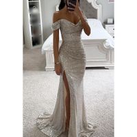 Femmes Robe De Fête Style Classique Col En V Paillettes Fente Fermeture Éclair Sans Manches Couleur Unie Maxi Longue Robe Banquet Fête main image 7