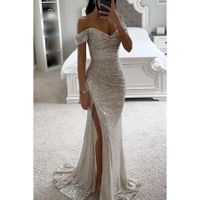 Women's Party Dress Classic Style V Neck Sequins Slit Zipper Sleeveless Solid Color Maxi Long Dress Banquet Party main image 7
