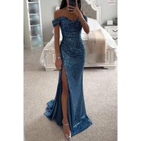 Women's Party Dress Classic Style V Neck Sequins Slit Zipper Sleeveless Solid Color Maxi Long Dress Banquet Party main image 6