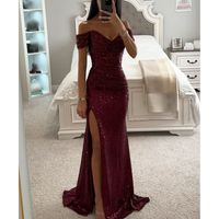 Women's Party Dress Classic Style V Neck Sequins Slit Zipper Sleeveless Solid Color Maxi Long Dress Banquet Party main image 4