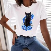 Frau T-Shirt Kurzarm T-Shirts Einfacher Stil Katze Blume main image 1