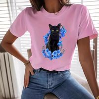 Frau T-Shirt Kurzarm T-Shirts Einfacher Stil Katze Blume main image 2