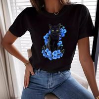 Frau T-Shirt Kurzarm T-Shirts Einfacher Stil Katze Blume main image 3