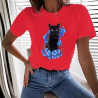 Frau T-Shirt Kurzarm T-Shirts Einfacher Stil Katze Blume main image 4