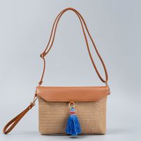 Women's Small Polyester Straw Solid Color Vacation Beach Tassel Weave Magnetic Buckle Straw Bag sku image 2