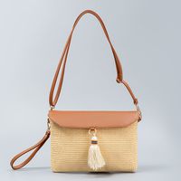 Women's Small Polyester Straw Solid Color Vacation Beach Tassel Weave Magnetic Buckle Straw Bag sku image 1