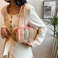 Women's Medium Straw Rainbow Vacation Classic Style Weave Oval Zipper Straw Bag main image 6