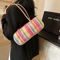 Women's Medium Straw Rainbow Vacation Classic Style Weave Oval Zipper Straw Bag main image 7