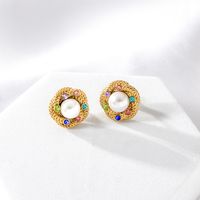 1 Pair Vintage Style Modern Style Round Inlay 304 Stainless Steel Zircon 18K Gold Plated Ear Studs main image 4