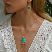 Copper 18K Gold Plated Simple Style Classic Style Plating Inlay Oval Turquoise Earrings Necklace Jewelry Set main image 1