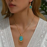 Copper 18K Gold Plated Simple Style Classic Style Plating Inlay Oval Turquoise Earrings Necklace Jewelry Set main image 2