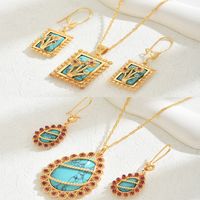 Copper 18K Gold Plated Elegant Vintage Style Lady Inlay Water Droplets Rose Turquoise Rhinestones Earrings Necklace main image 7