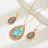 Copper 18K Gold Plated Elegant Vintage Style Lady Inlay Water Droplets Rose Turquoise Rhinestones Earrings Necklace sku image 2