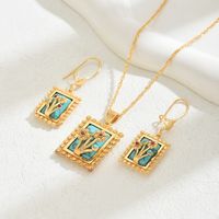 Copper 18K Gold Plated Elegant Vintage Style Lady Inlay Water Droplets Rose Turquoise Rhinestones Earrings Necklace sku image 1