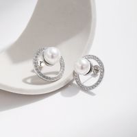 1 Pair Elegant Simple Style Round Plating Inlay Sterling Silver Artificial Pearls Zircon Silver Plated Ear Studs main image 1