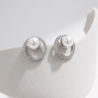 1 Pair Elegant Simple Style Round Plating Inlay Sterling Silver Artificial Pearls Zircon Silver Plated Ear Studs main image 5