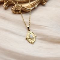 304 Stainless Steel 18K Gold Plated Retro Inlay Square Moon Oval Natural Stone Zircon Pendant Necklace main image 10