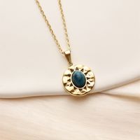 304 Stainless Steel 18K Gold Plated Retro Inlay Square Moon Oval Natural Stone Zircon Pendant Necklace main image 4