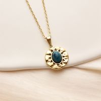 304 Stainless Steel 18K Gold Plated Retro Inlay Square Moon Oval Natural Stone Zircon Pendant Necklace sku image 3