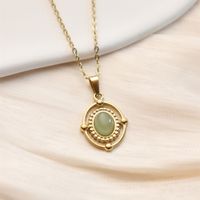 304 Stainless Steel 18K Gold Plated Retro Inlay Square Moon Oval Natural Stone Zircon Pendant Necklace sku image 4