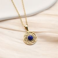 304 Stainless Steel 18K Gold Plated Retro Inlay Square Moon Oval Natural Stone Zircon Pendant Necklace main image 6