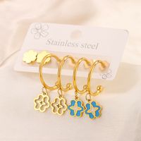 3 Pairs Simple Style Hand Of Fatima Heart Shape Flower Enamel 304 Stainless Steel 18K Gold Plated Drop Earrings Ear Studs sku image 4