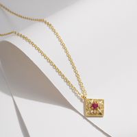 Sterling Silver 14K Gold Plated Retro Luxurious Plating Inlay Square Flower Zircon Pendant Necklace main image 5