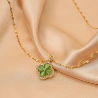 304 Stainless Steel Copper Simple Style Shiny Plating Inlay Four Leaf Clover Opal Zircon Pendant Necklace main image 3