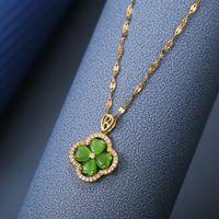 304 Stainless Steel Copper Simple Style Shiny Plating Inlay Four Leaf Clover Opal Zircon Pendant Necklace main image 4