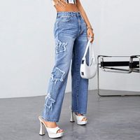 Women's Daily Streetwear Star Full Length Washed Ripped Jeans Straight Pants main image 1