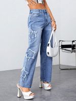 Women's Daily Streetwear Star Full Length Washed Ripped Jeans Straight Pants main image 4