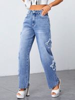 Women's Daily Streetwear Star Full Length Washed Ripped Jeans Straight Pants main image 3
