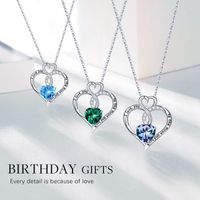 Sterling Silver Cute Sweet Hollow Out Inlay Heart Shape Birthstone Zircon Pendant Necklace main image 4