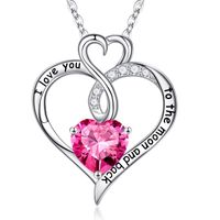 Sterling Silver Cute Sweet Hollow Out Inlay Heart Shape Birthstone Zircon Pendant Necklace sku image 2