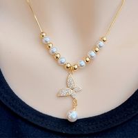 Wholesale Jewelry Elegant Simple Style Butterfly Imitation Pearl Copper Zircon 18K Gold Plated White Gold Plated Plating Inlay Pendant Necklace main image 4