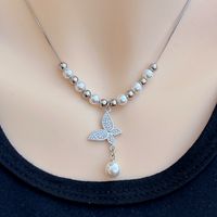 Wholesale Jewelry Elegant Simple Style Butterfly Imitation Pearl Copper Zircon 18K Gold Plated White Gold Plated Plating Inlay Pendant Necklace main image 6