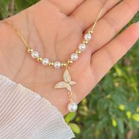 Wholesale Jewelry Elegant Simple Style Butterfly Imitation Pearl Copper Zircon 18K Gold Plated White Gold Plated Plating Inlay Pendant Necklace sku image 1