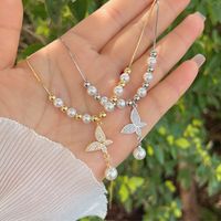 Wholesale Jewelry Elegant Simple Style Butterfly Imitation Pearl Copper Zircon 18K Gold Plated White Gold Plated Plating Inlay Pendant Necklace sku image 3