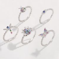 Sterling Silver White Gold Plated Princess Sweet Inlay Beetles Dragonfly Butterfly Zircon Rings main image 8