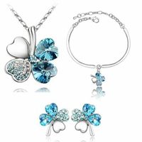 Fashion Four-leaf Clover Crystal Pendant Necklace Ear Stud Bracelet Three-piece Set sku image 3