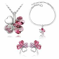Fashion Four-leaf Clover Crystal Pendant Necklace Ear Stud Bracelet Three-piece Set sku image 4