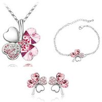 Fashion Four-leaf Clover Crystal Pendant Necklace Ear Stud Bracelet Three-piece Set sku image 7