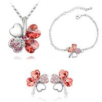 Fashion Four-leaf Clover Crystal Pendant Necklace Ear Stud Bracelet Three-piece Set sku image 5