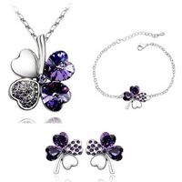 Fashion Four-leaf Clover Crystal Pendant Necklace Ear Stud Bracelet Three-piece Set sku image 9