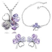 Fashion Four-leaf Clover Crystal Pendant Necklace Ear Stud Bracelet Three-piece Set sku image 10