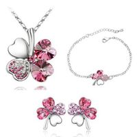 Fashion Four-leaf Clover Crystal Pendant Necklace Ear Stud Bracelet Three-piece Set sku image 11