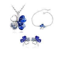 Fashion Four-leaf Clover Crystal Pendant Necklace Ear Stud Bracelet Three-piece Set sku image 13