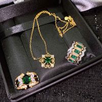 Retro Style Inlaid Lace Carved Necklace Imitation Emerald Plated 18k Gold Copper Ring main image 1